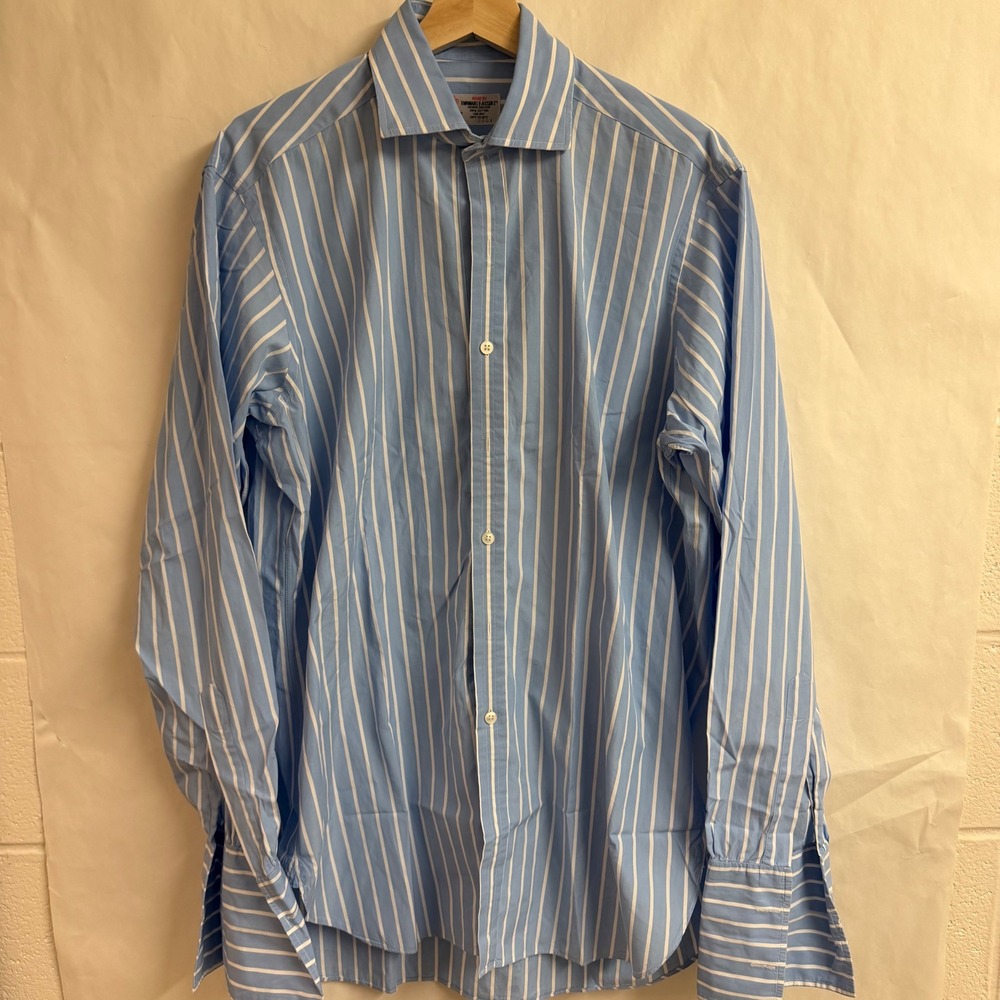 Turnbull Asser Mens Light Blue Stripe Dress Shirt Button French Cuff Tailored XL